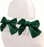 2PCS Satin Bow Pearl Car Seat Headrest Hooks – Car Bag Holder & Vehicle Hanger for Purses – Cute Coquette Aesthetic Interior Decoration – Cute Auto Organizer Accessories Universal (Galactic Green)