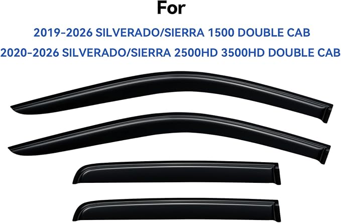 Window Visors Rain Guards for 2019-2026 Chevy Silverado/GMC Sierra 1500 Double Cab, Out-Channel Window Vent Wind Deflectors Visors Shades for 20-26 Silverado/Sierra 2500HD 3500HD