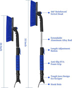 33 Inch Snow Brush and Ice Scraper for Car Windshield, Extendable Snow Scraper and Brush with Foam Grip for Truck SUV Vehicle Window - Blue