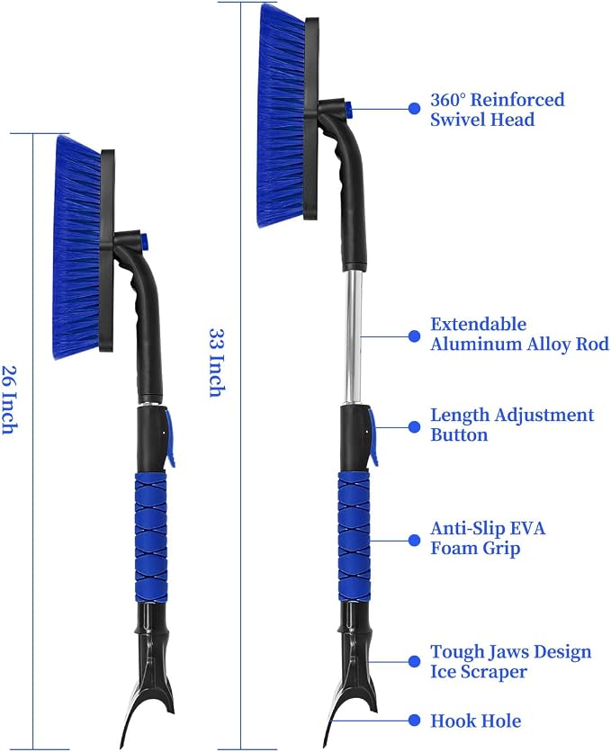 33 Inch Snow Brush and Ice Scraper for Car Windshield, Extendable Snow Scraper and Brush with Foam Grip for Truck SUV Vehicle Window - Blue