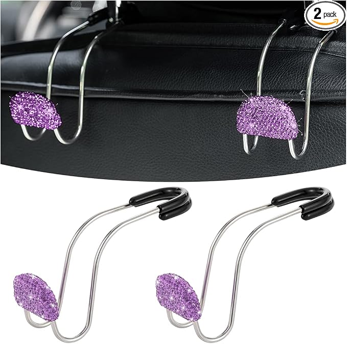 Car Headrest Hook, 2 Pack Bling Backseat Organizer Hanger for Purse Clothes Grocery Bag, Rhinestones Auto Headrest Storage Holder, Universal Car Seat Accessories for Most Vehicle (Purple)