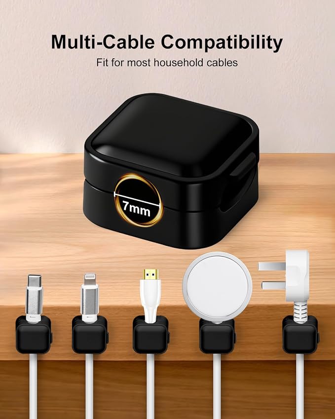8 Pack Magnetic Cable Clips, Black Cable Management Accessories, Cord Smooth Adjustable & Adhesive Backing Cord Organizer for Office Home Organization, Desk, Wall, Nightstand, Phone, Car