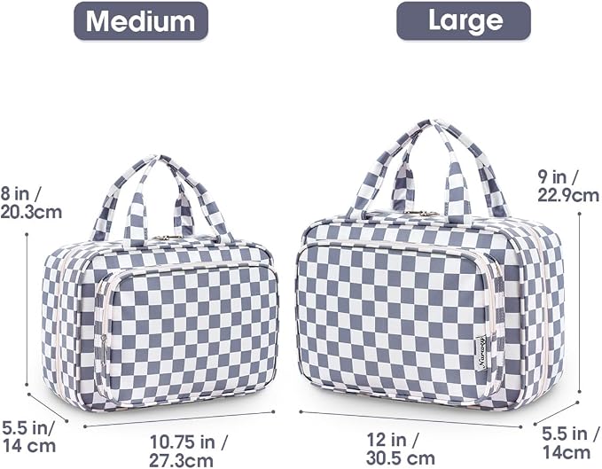 Travel Toiletry Bag for Women Large Hanging Makeup Bag Organizer Toiletries Bag for Full Size Essentials Accessories Cosmetics (Grayish Blue Checkerboard (Large))
