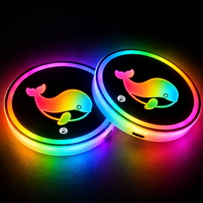 Dolphin LED Cup Holder Lights for Car,7 Colors Light Up Cup Holder Coasters for Car Decor,Vibration Sensor Coasters,Dolphin Auto Accessories Gifts for Women Men,Universal for SUV Sedan Truck