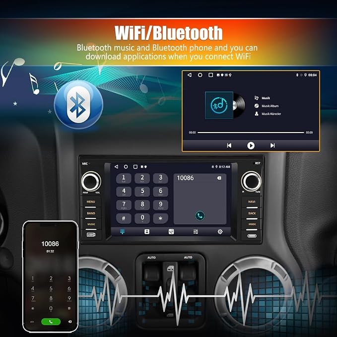 Car Radio Stereo for Jeep Wrangler JK 2007-2018 Dodge Ram 1500 2008-2012, 7 Inch Touch Screen CarPlay Android Auto Bluetooth GPS WiFi FM with Backup Camera