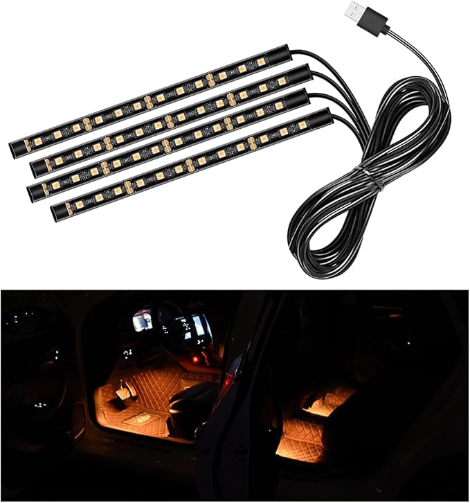 Car LED Strip Light, 48 LEDs RGB Neon Interior Atmosphere Lights, 12V Under Dash Ambient Night Light, USB Port Auto Interior Decorative Lamp, Universal Car Accessories (Orange-Yellow)