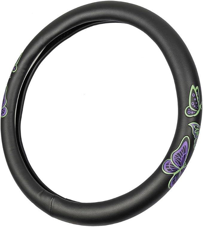 GripGrab Comfort Grip - Purple & Green Butterflies on Black Synthetic Leather Steering Wheel Cover 15 inch
