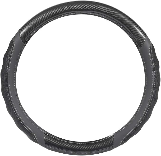 UltraSport Gray Carbon Fiber Steering Wheel Cover, Standard 15 inch Size, Black Faux Leather Comfort Grip, Car Steering Wheel Cover for Auto Truck Van SUV