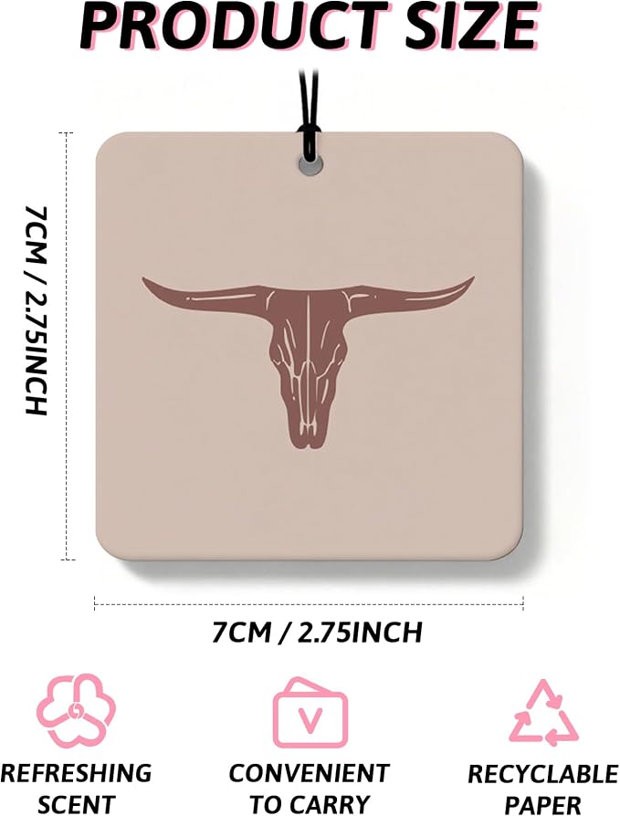 Beige Boho Western Orange Car Air Freshener 4 Pcs, Country Cow Skull Cactus Cowgirls Boots Square Hanging Air Freshener for Closet Drawer Books, Western Car Accessories Mirror Decor for Women