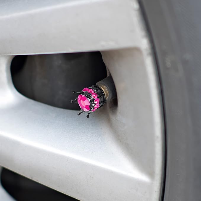 4 Pieces Crown Tire Valve Stem Caps Bling Handmade Crystal Rhinestone Universal Chrome Crown Vehicle Car Tire Caps Covers, Attractive Accessories for Car (Rose Red)