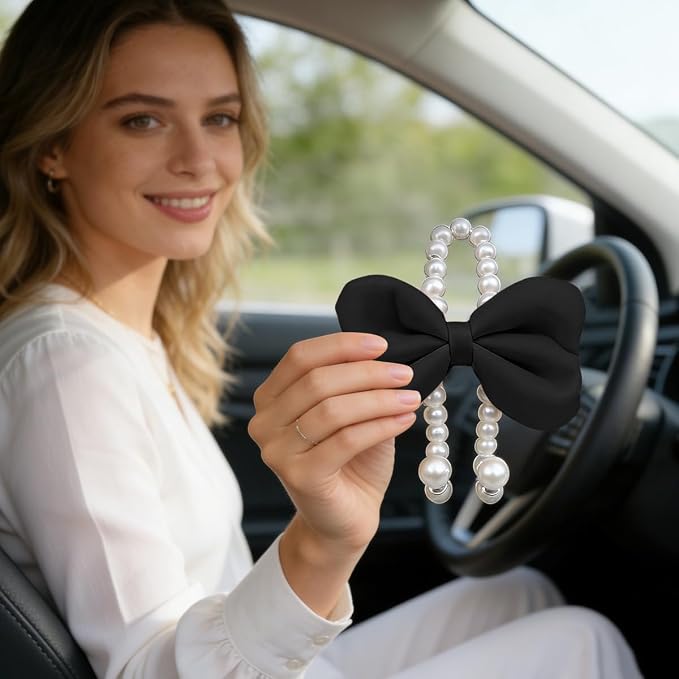 2PCS Bow Pearl Car Seat Headrest Hook, Cute Vehicle Seat Hangers Storage Organizer for Handbag Purse Coat, Auto Interior Headrest Decorative Hook, Universal for SUV RV Truck (Black)