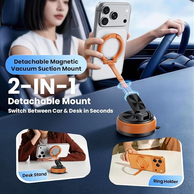 Magnetic Car Phone Mount, 2-in-1 Detachable Ring Stand for Desk & Dashboard, 360° Triple Axis Windshield Holder, N52 Strong Magnet, Universal Fit, Includes 2 Metal Plates, (orange)