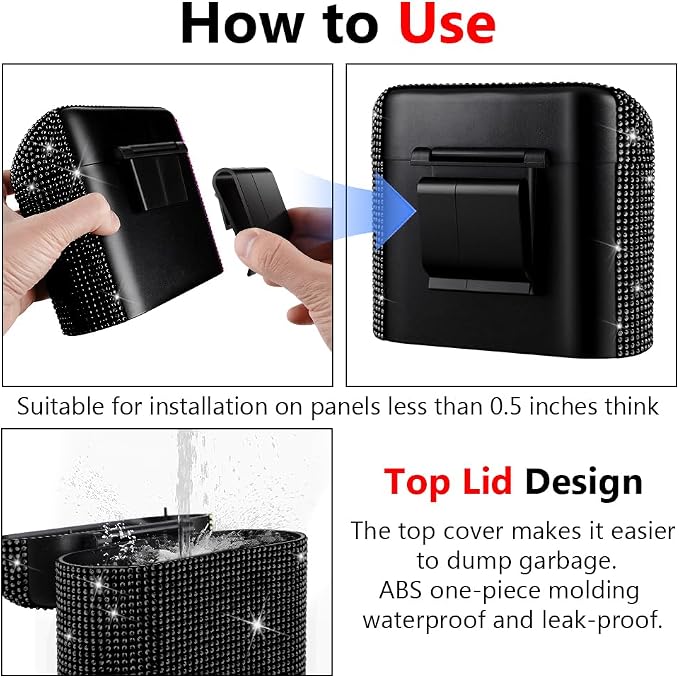 Car Trash Can with Lid, Bling Crystal Mini Vehicle Trash Bin Car Dustbin Garbage Organizer, Automotive Garbage Can Bin Trash Container for Auto Cars, Home, Office - Black