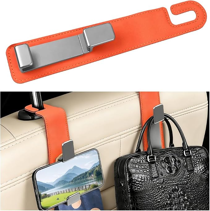Car Seat Headrest Hook, Multifunctional Vehicle Backseat Hanger Organizer for Purse Handbag Coat, Auto Seat Back Phone Holder Storage Hook, Universal for Sedan Truck SUV (Orange)