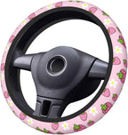 Cute Strawberry Steering Wheel Cover Anti-Slip and Practical 14.5-15 Inch Universal Steering Wheel Cover with 2 Pieces Car Coasters Suitable for Men Women
