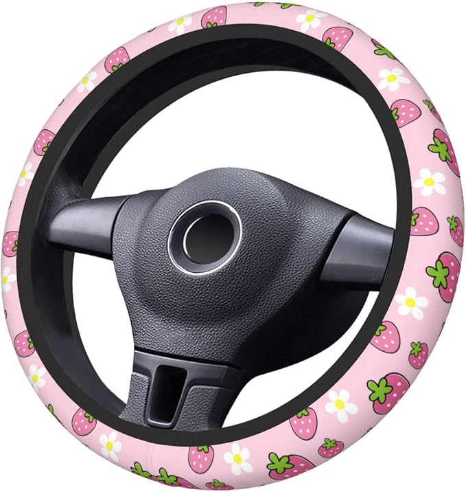 Cute Strawberry Steering Wheel Cover Anti-Slip and Practical 14.5-15 Inch Universal Steering Wheel Cover with 2 Pieces Car Coasters Suitable for Men Women