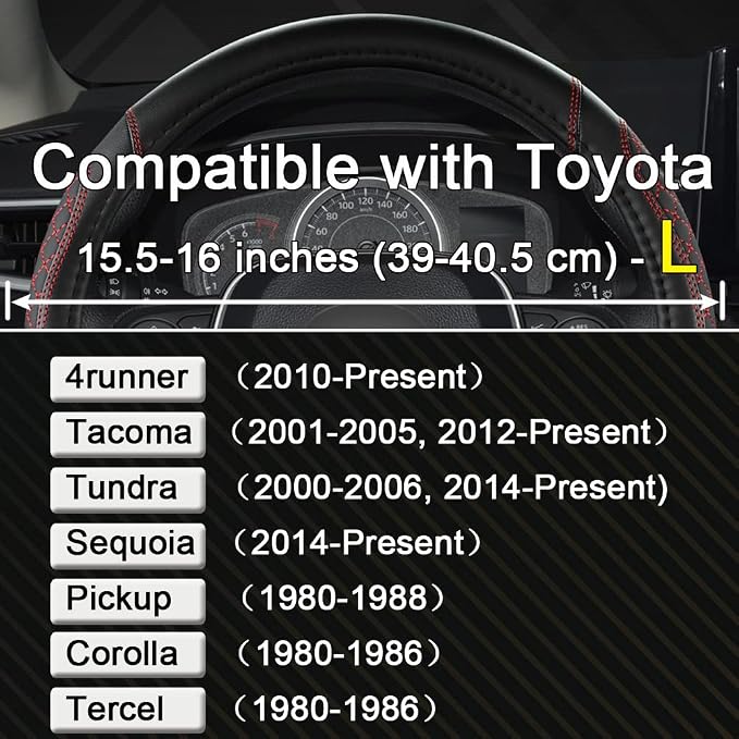 Customized Auto Car Steering Wheel Cover for Toyota Tacoma,4Runner,Tundra,Sequoia,15.5-16 inch(Diamond Quilted-Black+Red-Large Size)
