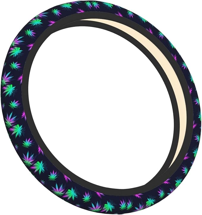 Elastic Weed Leaves Neon Colorful Black Car Steering Wheel Cover Protector Upgrade Thicken,Anti Slip Soft Car Accessories for Diverse Cars Truck SUV for Men Women Universal 15 Inch