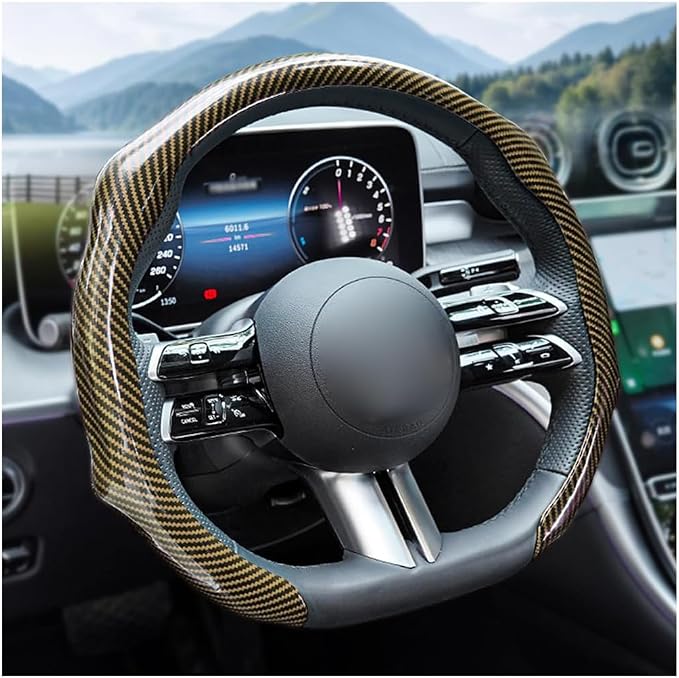 Car Steering Wheel Cover with Comfort Grip, 14.5-15" Carbon Fiber Laser Non-Slip Steering Wheel Protector, Cool Stylish Auto Interior Decor Accessories, Universal for Van SUV Sedan (Gold)