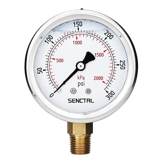 0-300 Psi Glycerin Liquid Filled Pressure Gauge, 2.5" Dial Size, 1/4" NPT Lower Mount, Stainless Steel Case, for Air Gas Water Oil Hydraulic Pressure Test