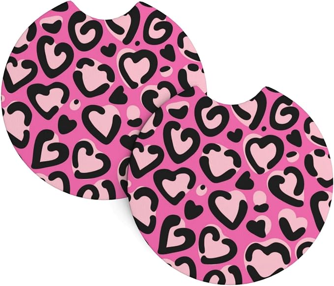 Pink Leopard Pattern Steering Wheel Cover 15 Inch Cheetah Steering Wheel Cover Anti-Slip Universal Pink Leopard 2 Pcs Car Interior Cup Holder Pad for Men Women