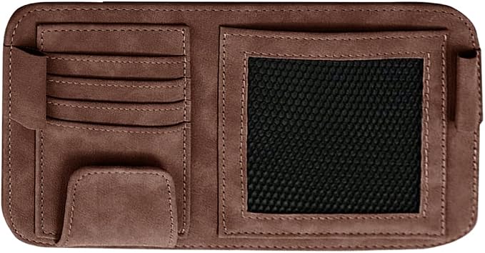 Car Sun Visor Organizer, Multi-Pocket Vehicle Sun Visor Storage Pouch with Sunglasses Clip, Auto Interior Sunshade Eyeglasses Card Holder Organizers, Universal for SUV Sedan Truck (Brown)