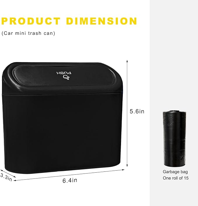 Car Trash Can Bin with Lid, Mini Portable Auto Garbage Can with 15Pcs Trash Bags, Waterproof Leakproof Small Garbage Organizer, Car Dustbin for Vehicle, Home, Office (Black)