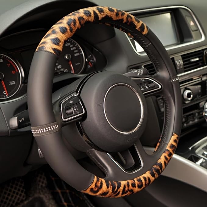 Leopard Steering Wheel Cover, Made with Breathable Microfiber Leather Cheetah Print, Anti-Slip, Universal Fit 14 1/2 inches to 15 inches, Black