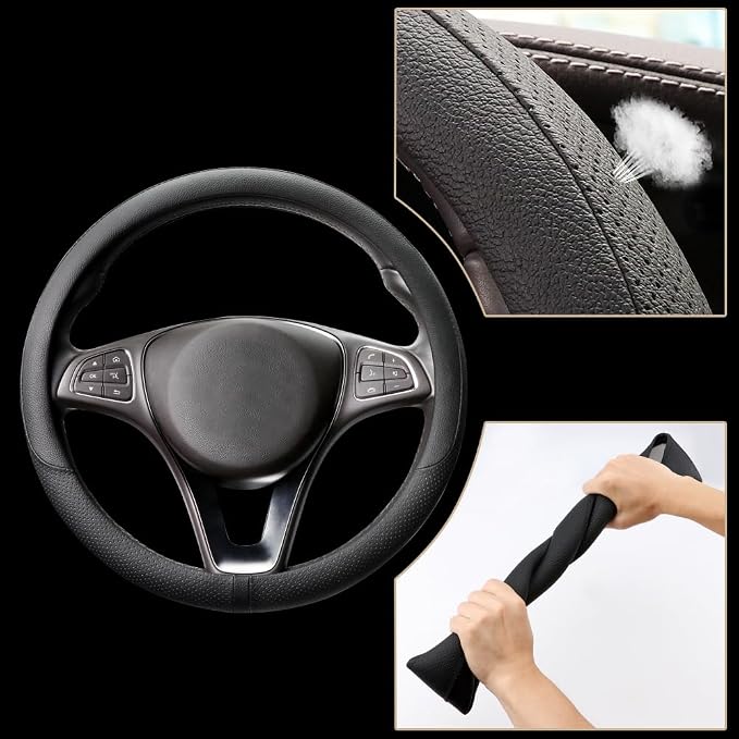 Breathable Car Steering Wheel Cover 15 inch Auto Universal Leather Wrap Non-Slip Steeringwheel Protector Automotive Interior Accessories, Black (Suit for 14 1/2-15 inch)