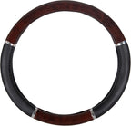 Dark Wood Grain Car Steering Wheel Cover, Standard 15 inch with Black Faux Leather Grip, Made to Fit Most Auto Truck Van SUV