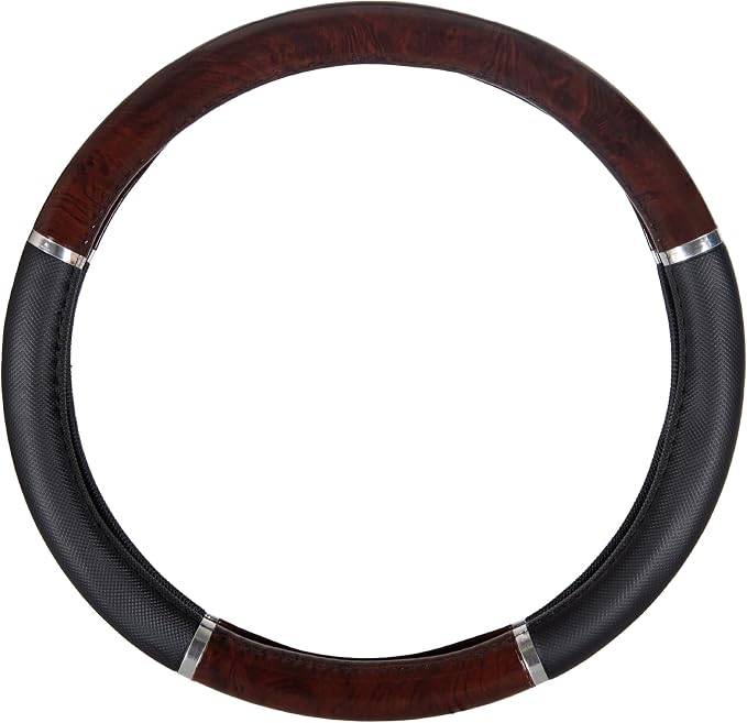 Dark Wood Grain Car Steering Wheel Cover, Standard 15 inch with Black Faux Leather Grip, Made to Fit Most Auto Truck Van SUV