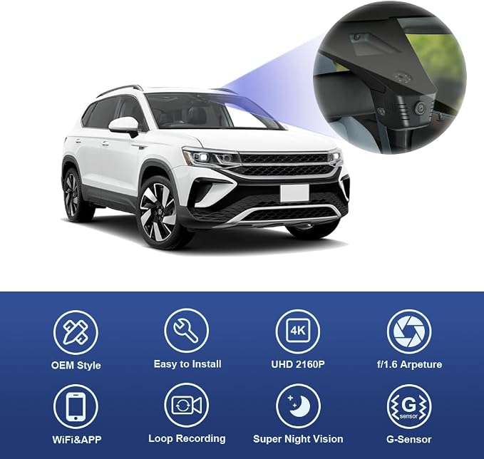 4K Dash Cam Suitable for VW Taos 2022-2026 (HD2-D5100) S SE Black SEL, OEM Factory Look, 2160P UHD Video, Built-in WiFi & APP, Loop Recording, Parking Sensor, Easy to Install, 64GB Card