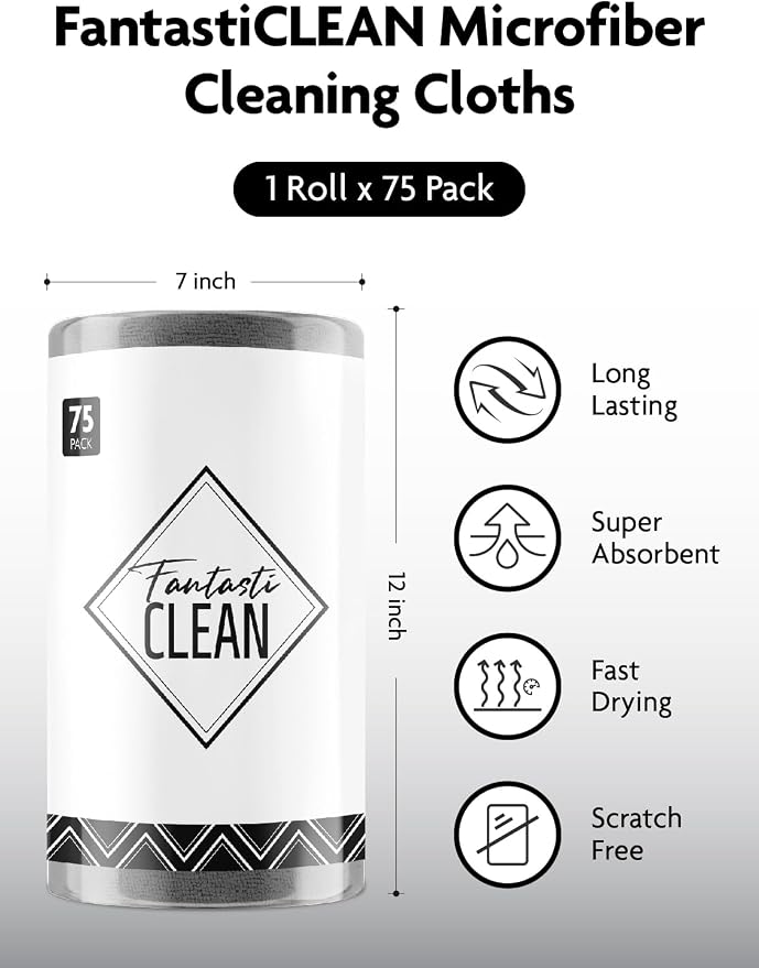 Microfiber Cleaning Cloth Roll- 75 Sheets, 12" x 12"(Dimgrey) | Super Absorbent, Lint-free, Tear-away Microfiber Towel Roll, for All-Purpose Cleaning, Reusable Alternative to Paper Towels
