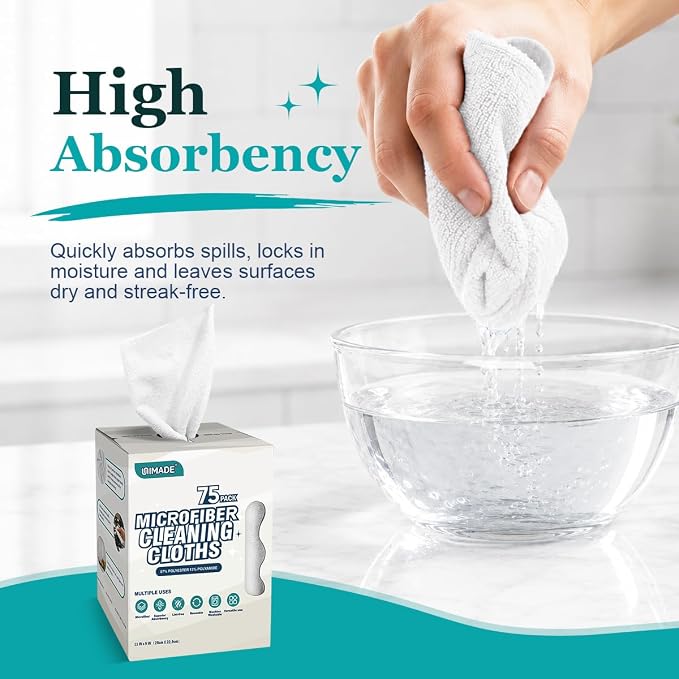 Microfiber Cleaning Cloth, 75 Sheets Microfiber Towels for Cars Commercial Grade Washcloths Lint-Free Bulk Shop Towel Cleaning Rags for Household Restaurant Garage Housekeeping, 11"x 9", White