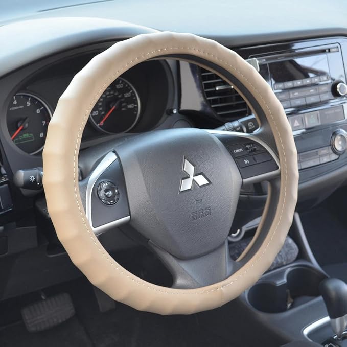 Ergonomic Grip Steering Wheel Cover/Protector for Small Size Steering Wheels in Cars, SUVs, Boats (13.5-14.5") (Genuine Leather (Beige))