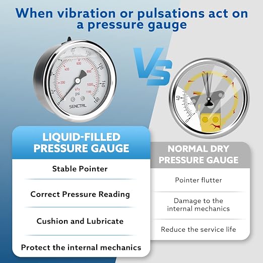 0-160 Psi Glycerin Liquid Filled Air Pressure Gauge, 2.5" Dial Size, 1/4" NPT Back Mount, Stainless Steel Case, for Water Pump, Tire, Large Air Compressor, Well, RV Regulator Pressure Test
