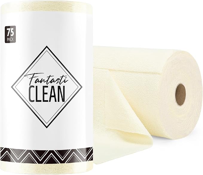 Microfiber Cleaning Cloth Roll- 75 Sheets, 12" x 12" (Beige) | Super Absorbent, Lint-free, Tear-away Microfiber Towel Roll, for All-Purpose Cleaning, Reusable Alternative to Paper Towels