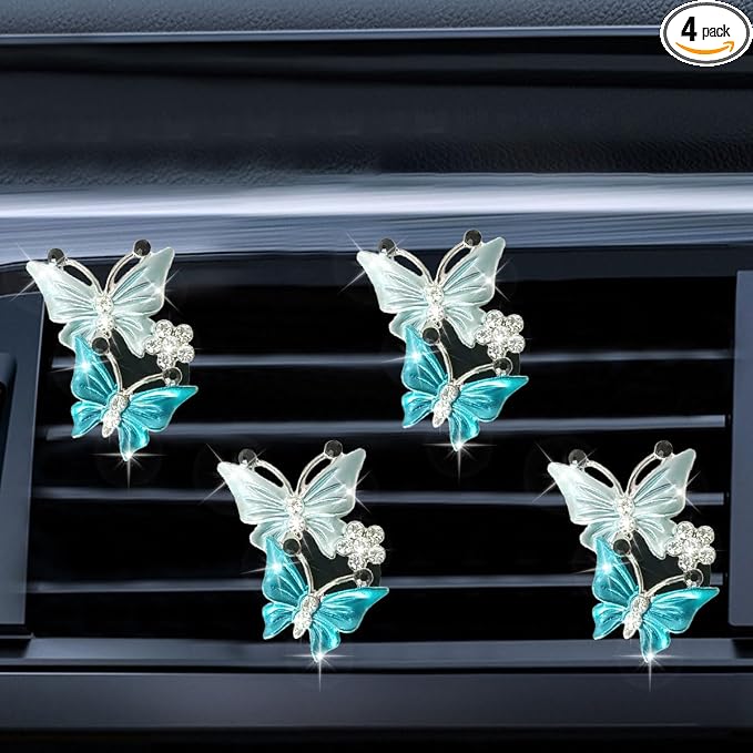 ZIMISI Car Vent Clip, Dual Butterfly Air Vent Clips, Bling Diamond Car Diffuser Clips, Cute Air Conditioning Outlet Decoration, Butterfly Car Accessories for Women (4Pcs/Blue)