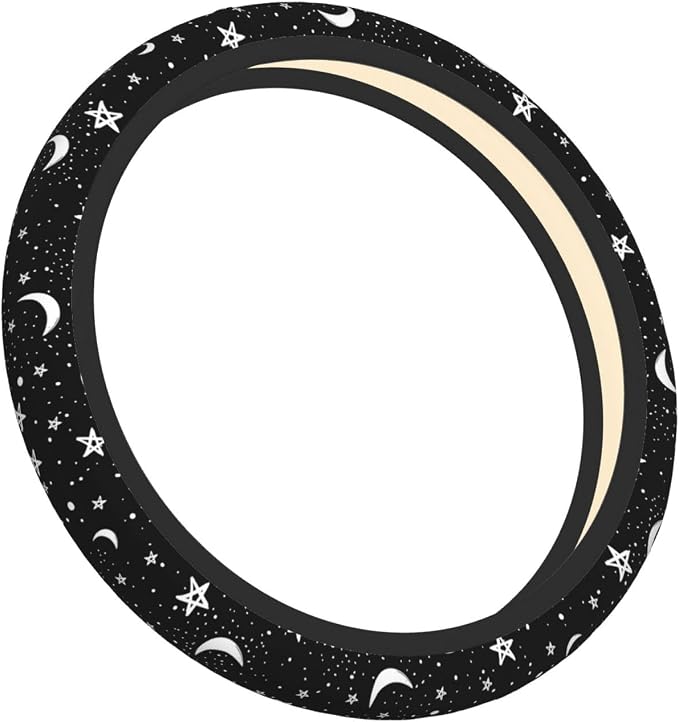 Black White Moon Star Neoprene Steering Wheel Cover Anti-Slip Elastic Moon Steering Wheel Protective Cover 15in Universal Car Accessories Fit Cars, SUVs, Auto