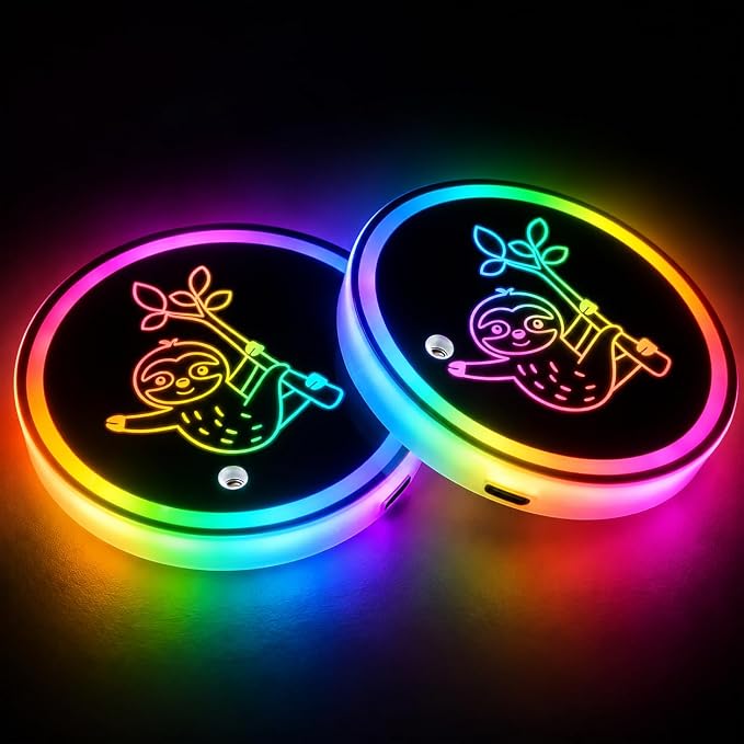 Sloth LED Cup Holder Lights for Car,7 Colors Light Up Cup Holder Coasters for Car Decor,Vibration Sensor Coasters,Sloth Auto Accessories Gifts for Women Men,Universal for SUV Sedan Truck