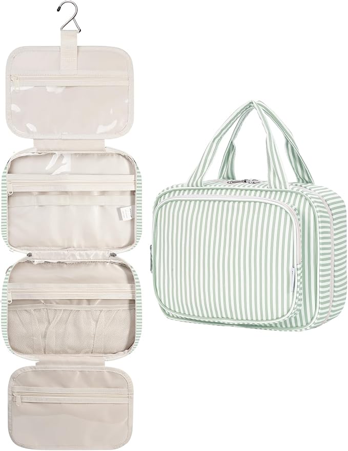 Striped Hanging Toiletry Bag for Women Travel Makeup Bag Organizer Toiletries Bag for Travel Size Essentials Accessories Cosmetics (Mint Green Stripe (Medium))