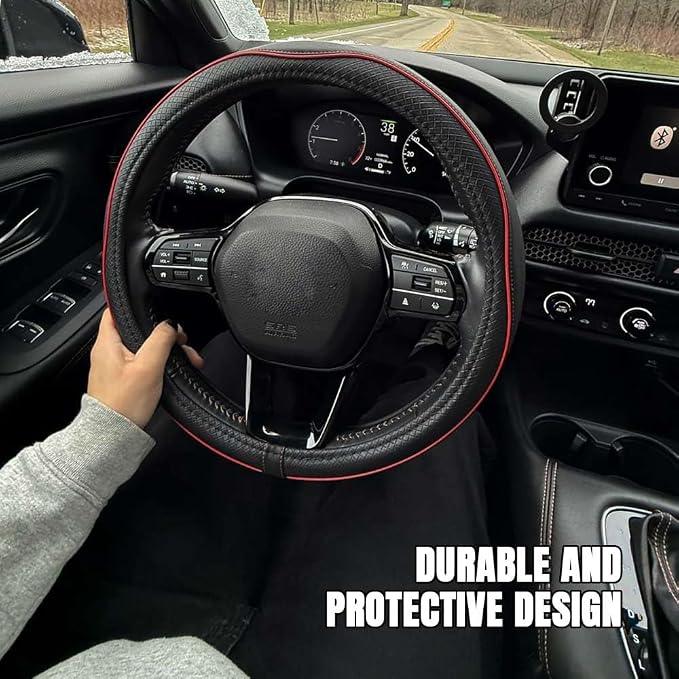 Car Steering Wheel Cover, Durable Leather Cover with Anti-Slip Lining, Breathable Auto Wheel Cover Protector, Universal 15 Inch Anti-Slip Steering Wheels for Men & Women (Black Red)