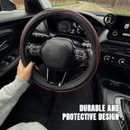 Car Steering Wheel Cover, Durable Leather Cover with Anti-Slip Lining, Breathable Auto Wheel Cover Protector, Universal 15 Inch Anti-Slip Steering Wheels for Men & Women (Black Red)