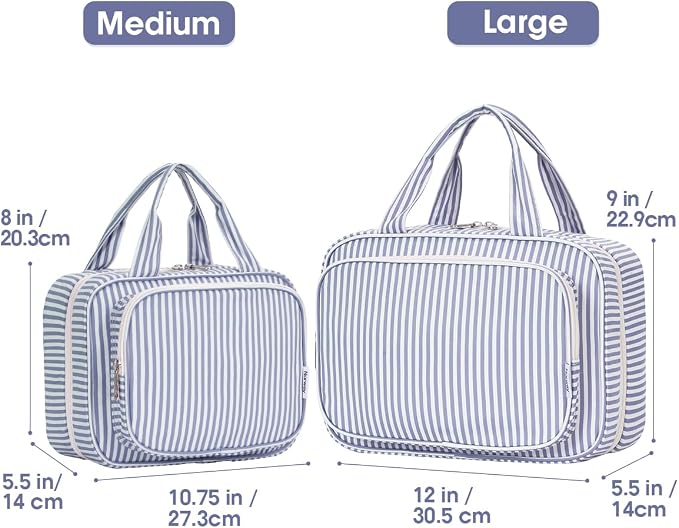Striped Travel Toiletry Bag for Women Large Hanging Makeup Bag Organizer Toiletries Bag for Full Size Essentials Accessories Cosmetics (Greyish Blue Stripe (Large))