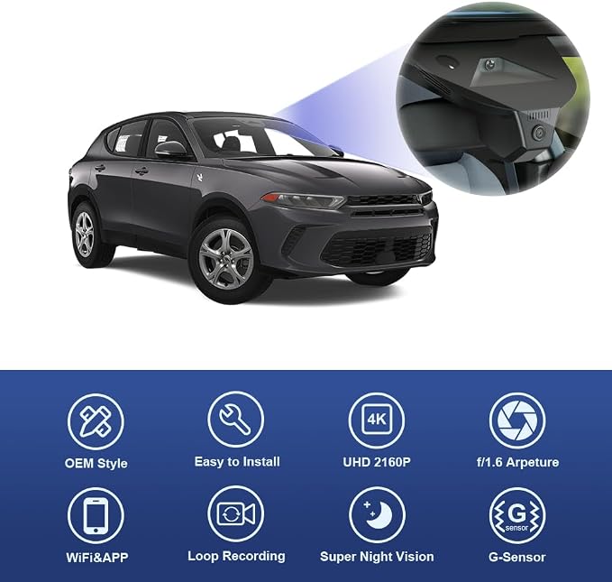 4K Dash Cam Suitable for Dodge Hornet 2023 2024 2025 GT R/T Plus (HD2-D5410), Integrated OEM Look, UHD 2160P Video, Built-in WiFi & APP, Loop Recording, G-Sensor, Plug & Play, 64GB Card