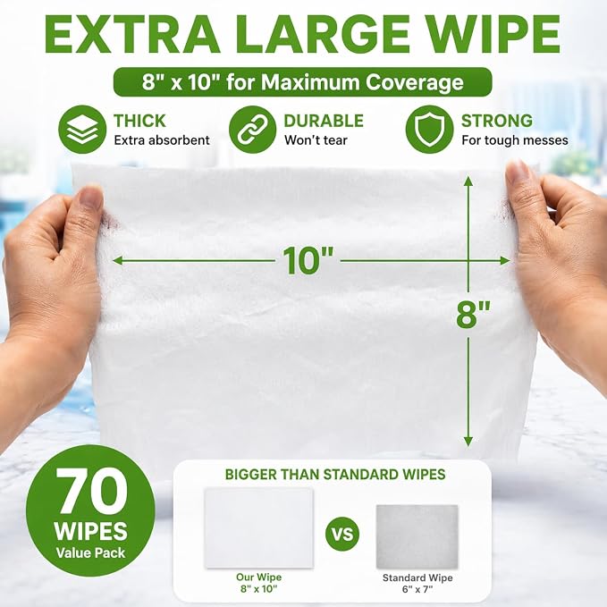 All Purpose Car and Home Cleaning Wipes 70 Count (Pack of 3), Extra Large 8" x 10" Size Cleaner Wipes for Car Interior Household Appliance Yoga Mat Desk Gym Equipment Couch Desk & Fabric