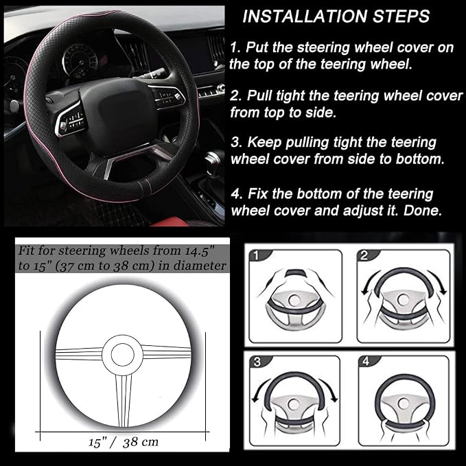 Microfiber Leather Steering Wheel Cover Anti-Slip Matte Finish Auto Car Wheel Cover Universal 15 Inch Wheel Cover for Car Embossing Pattern (Pink Line)