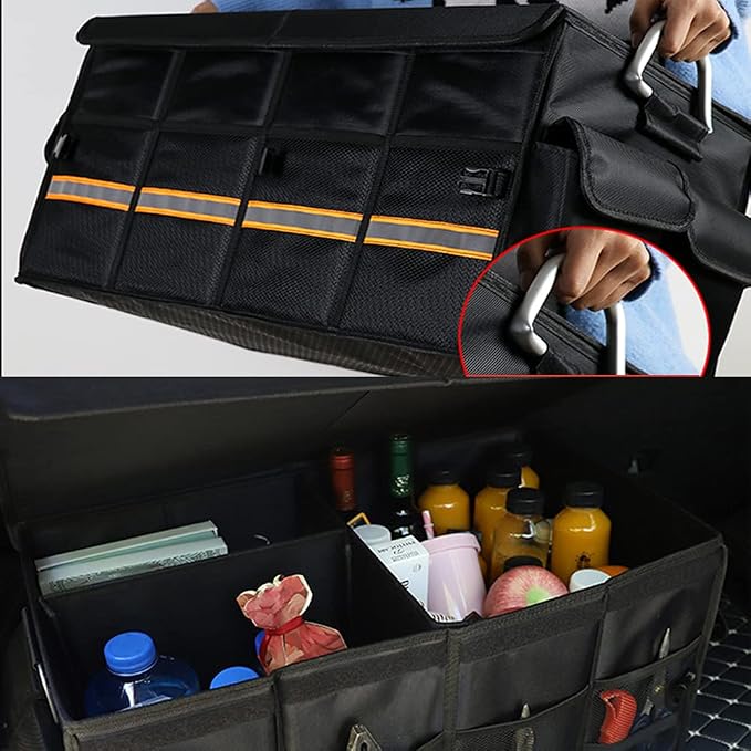 Car Trunk Organizer - Collapsible Trunk Organizer & Lid Foldable Cover Aluminium Alloy Handle Reflective Strip for Auto, SUV, Truck, Minivan (L Black)