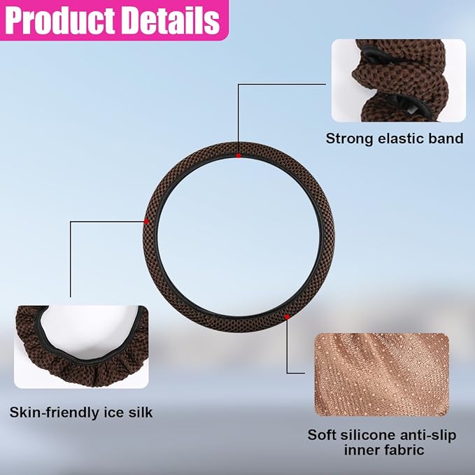 Elastic Stretch Steering Wheel Cover, Anti-Slip, 15inch, Coffee | Microfiber Odorless Breathable Ice Silk Car Steering Wheel Protector, Easy Carry, Warm in Winter & Cool in Summer