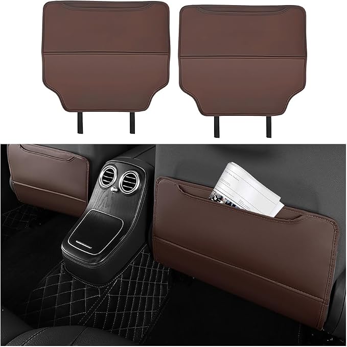 2PCS Car Kick Mat, Anti-Scratch Waterproof Anti-Slip Vehicle Back Seat Protector with Storage Pockets, Automotive Interior Seat Back Covers, Universal for SUV RV Truck (Brown)